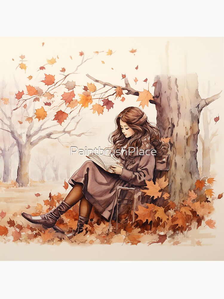 Autumn Serenity: Woman Reading in a Park of Falling Leaves by PaintbrushPlace
