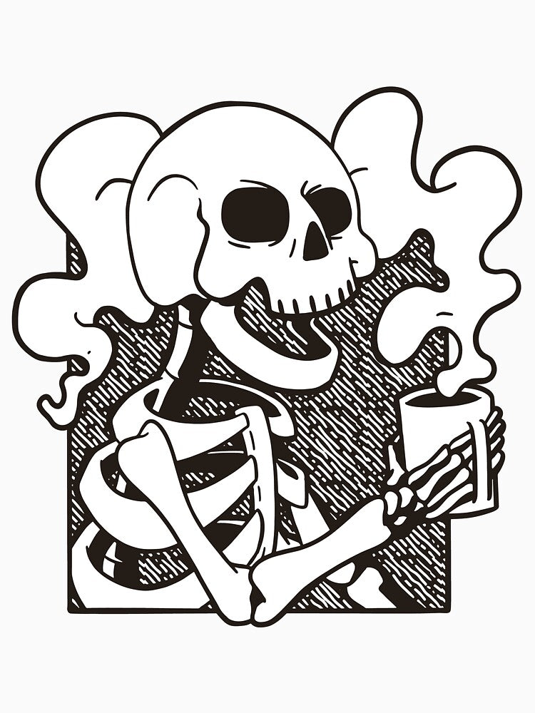Skeleton Coffee Lover Steaming Mug Retro Woodcut Art by Hilal-Studio