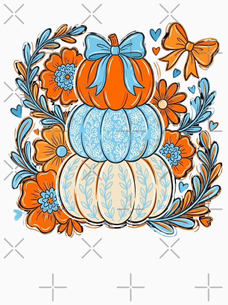 Cute Stacked Pumpkins Blue Bow Floral Fall Autumn Harvest Graphic by raedattia