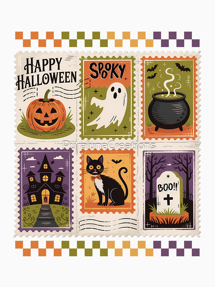 Halloween Retro Stamp Vintage Design – Spooky Castle, Ghost & Black Cat Art by PuralunaCreations