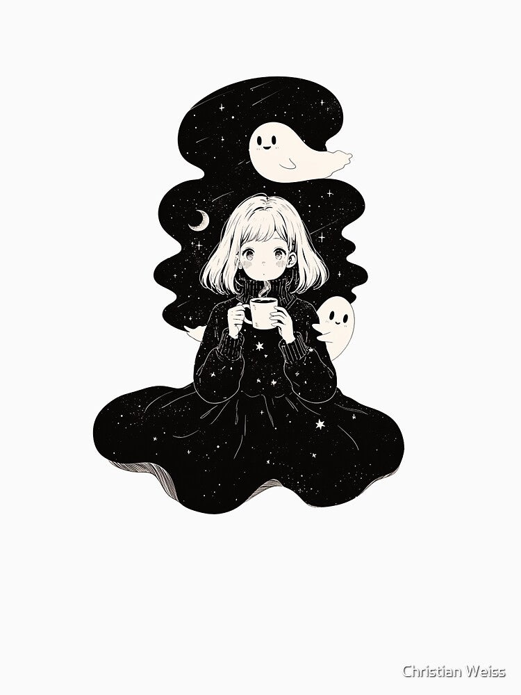 Anime Girl Drinking Coffee with Ghosts by Christian Weiss
