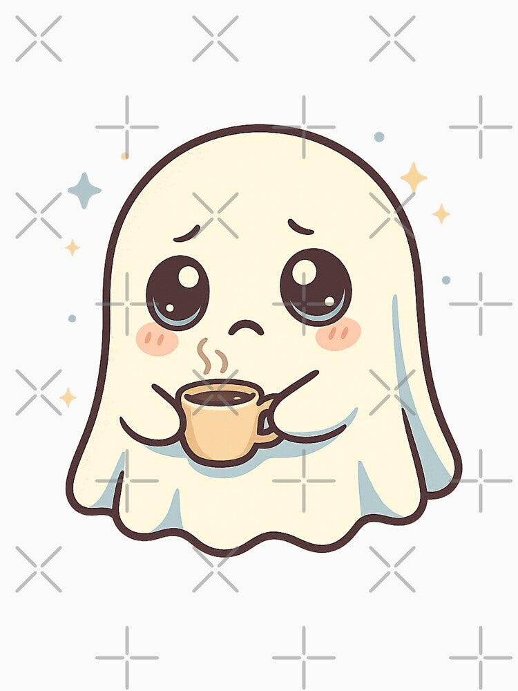 Sad Kawaii Ghost With Coffee - Cute Cozy Aesthetic Art by TheEchoStudio