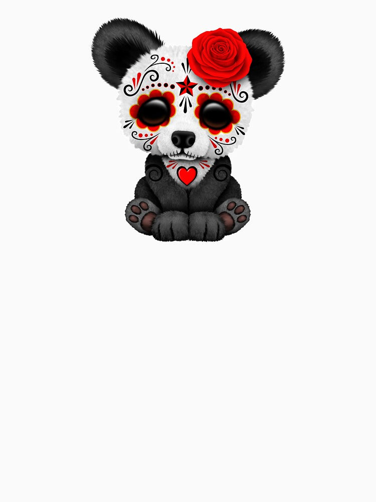 Red Day of the Dead Sugar Skull Panda on Yellow by JeffBartels