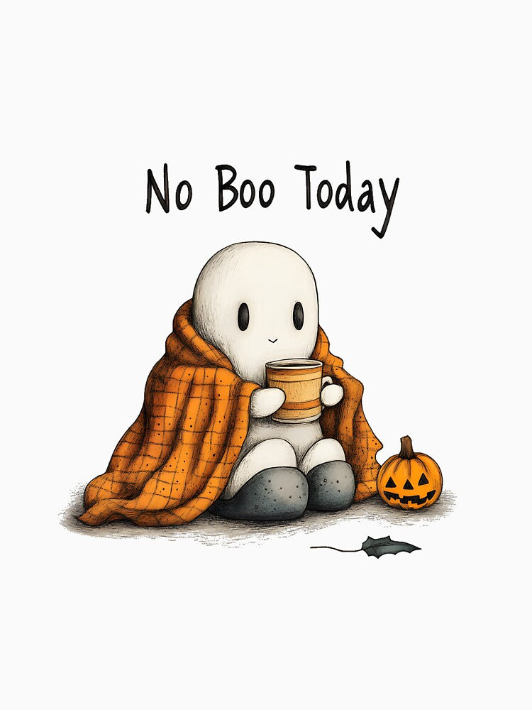 Cute Halloween Ghost with Blanket and Coffee by Mariana Shymkovych