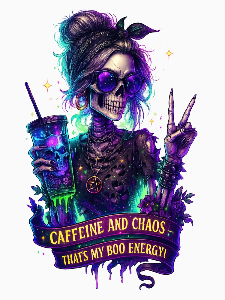 Caffeine and Chaos – Funny Ghost Coffee Quote PNG by MujernDesignArt