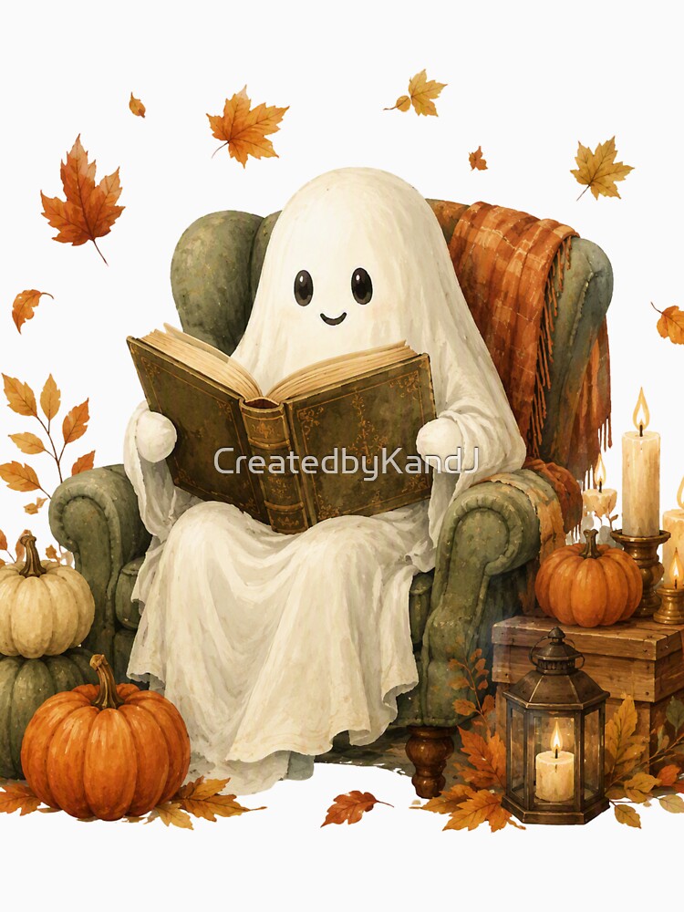 Cute Ghost Reading a Book | Cozy Halloween Book Lover Art by CreatedbyKandJ