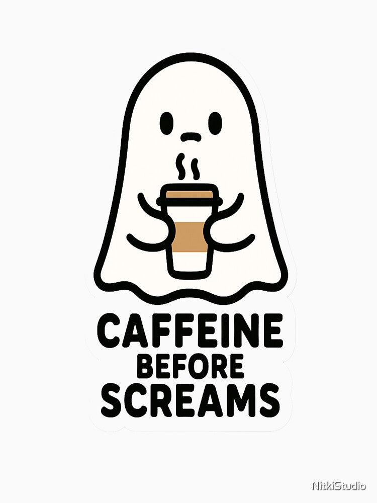 Caffeine Before Screams Funny Ghost Coffee Sticker by NitkiStudio