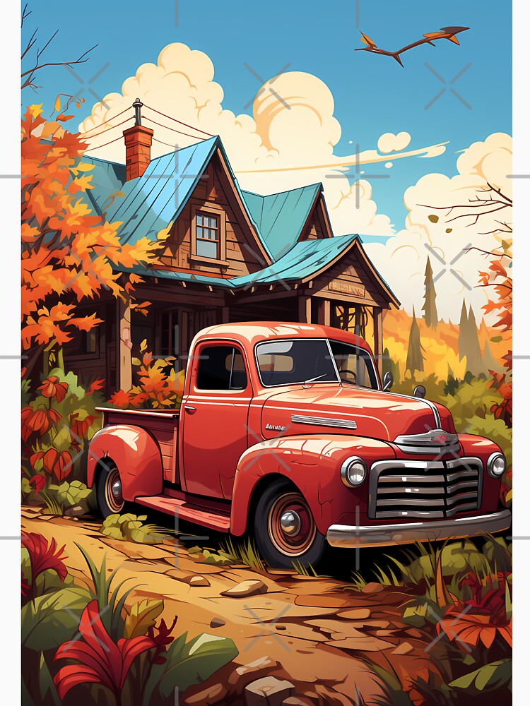 Classic Red Truck, Fall Season Autumn, Country Side Cabin by NearlyNow