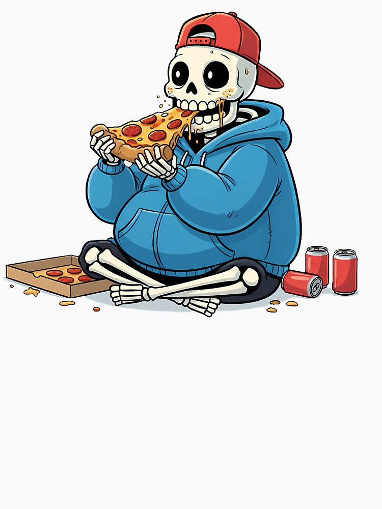 Funny Skeleton Eating Pizza – Cool Cartoon Food Design by hn79