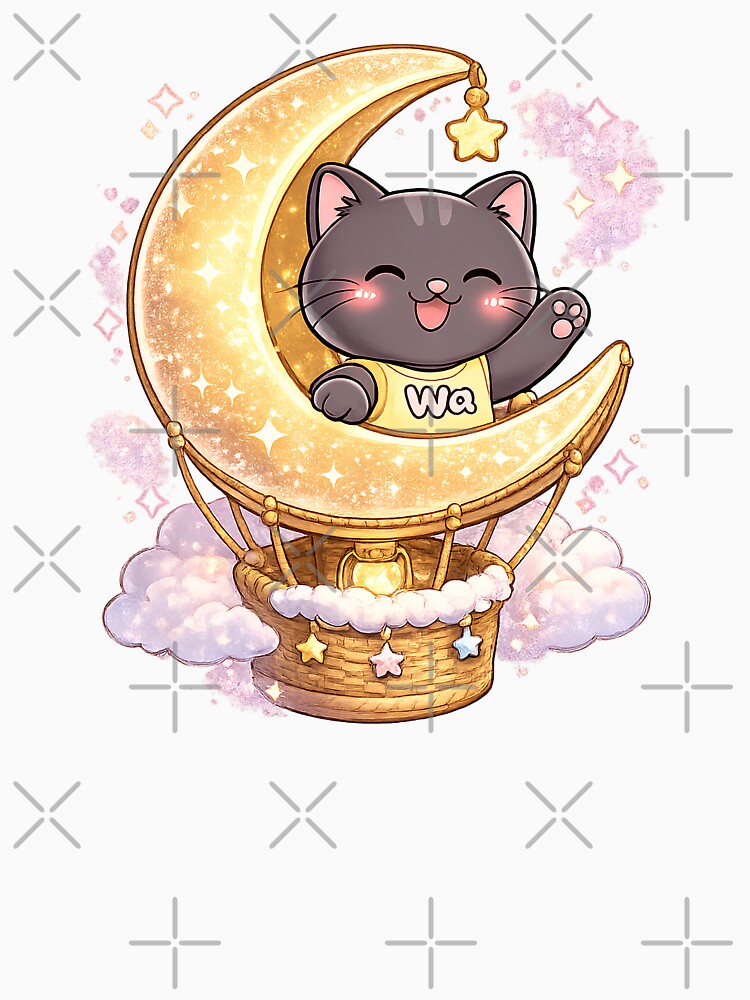 Kawaii Black Cat Riding a Moon Balloon Cute Cartoon Animal Design by Wawa5656