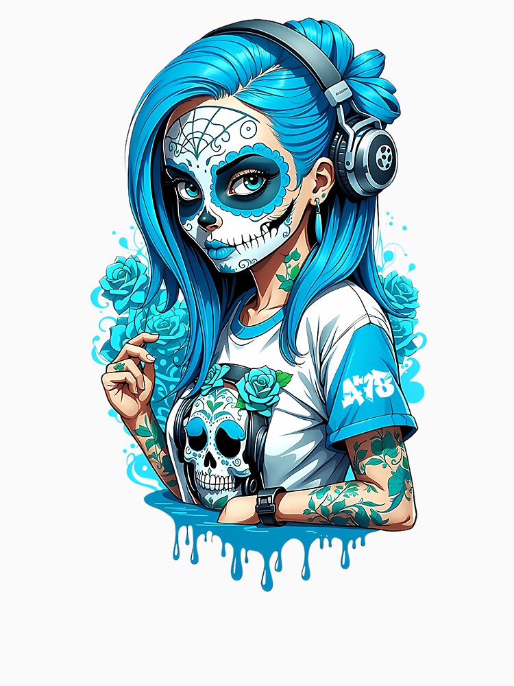 Sugar Skull Girl With Blue Roses by Contessai Babbaby