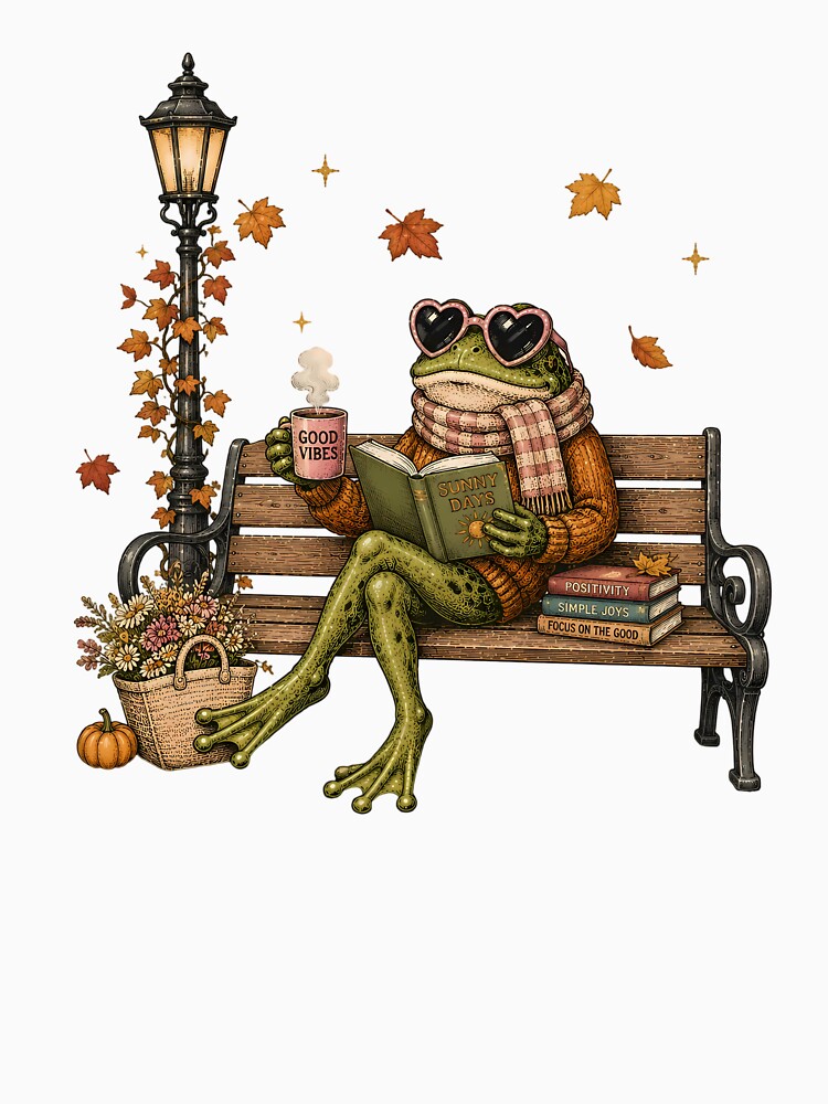 Cozy Autumn Frog Reading Book on Bench Fall Aesthetic by BeataPrint