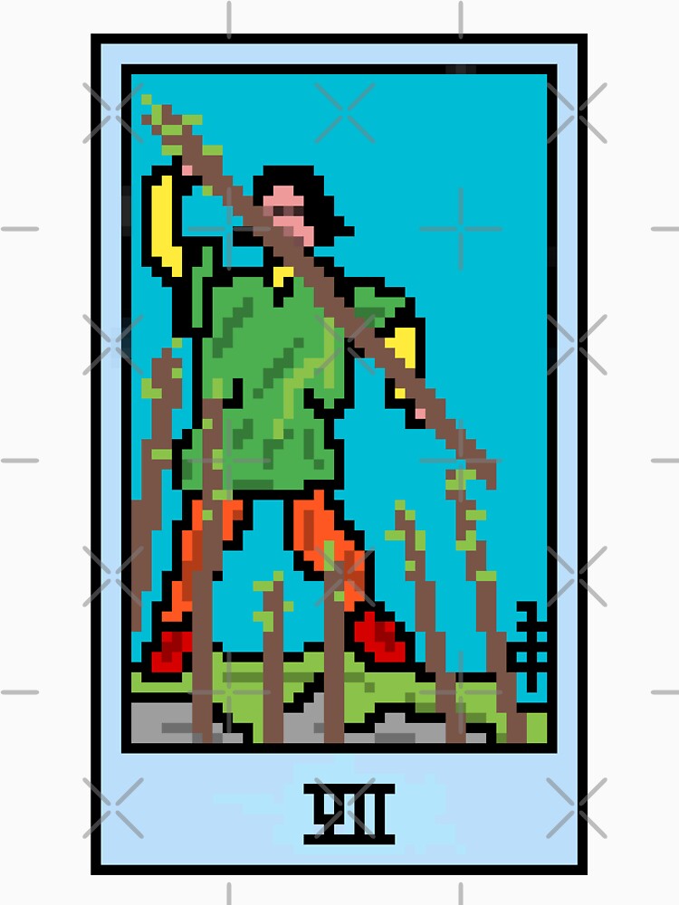 Wait, is this pixel art tarot? White - Minor Arcana 'Seven of Wands' (Design for T-shirt, stickers and other accessories) by Pixel Waite