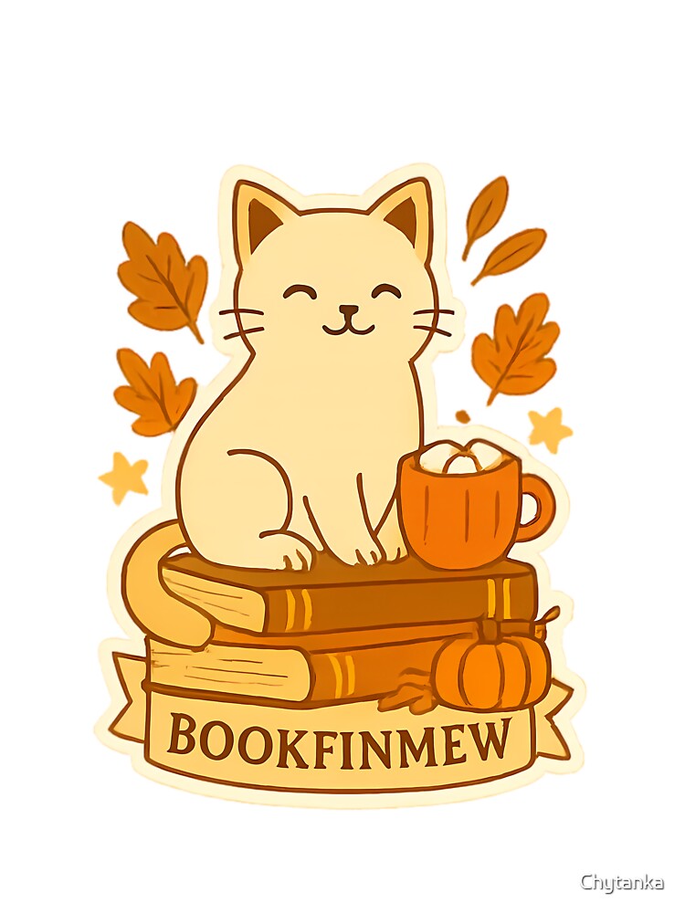 Cream Cat with Cocoa on Books – “Bookfinmew” by Chytanka