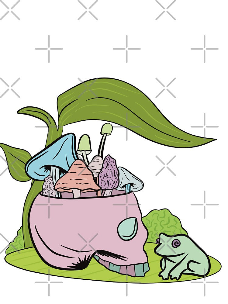 Skull filled with mushrooms chilling with a frog by SugarSaltSpice