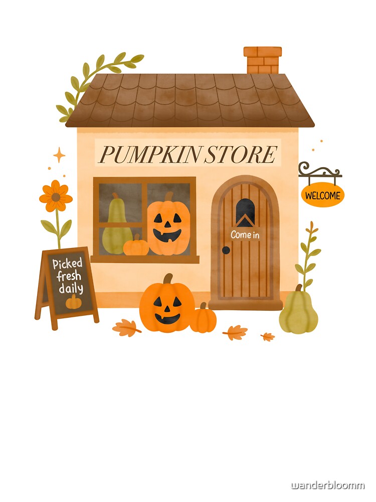 Pumpkin Store Fall Illustration – Cozy Autumn Market Art by wanderbloomm
