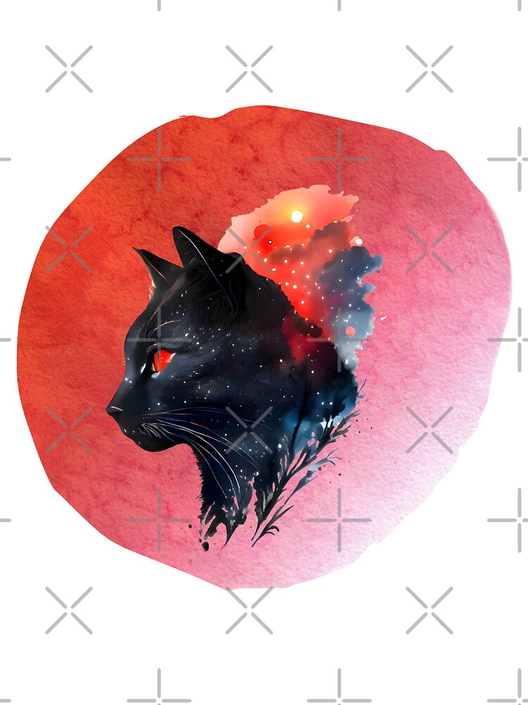 Black cat on red sky and moon background by Isa Varlet