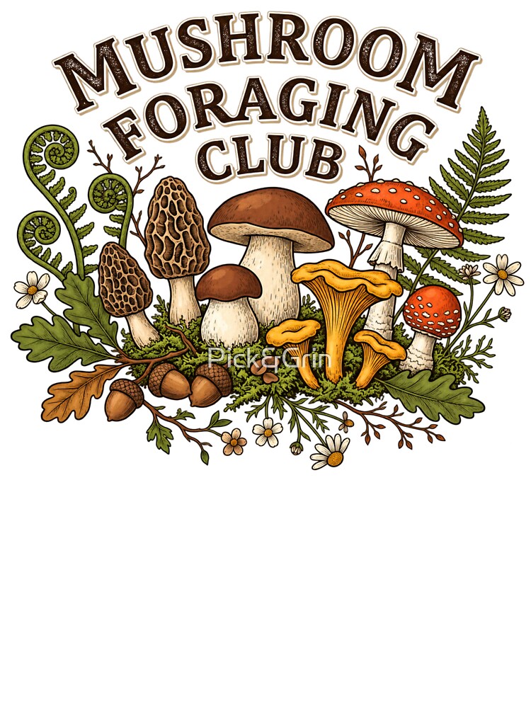 Mushroom Foraging Club Vintage Woodland Fungi Botanical Illustration by Pick&Grin