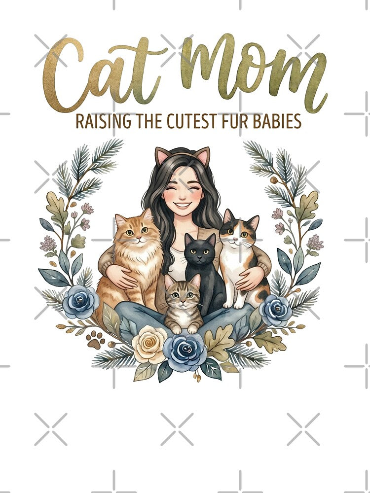 Cat Mom PNG Design | Raising the Cutest Fur Babies | Watercolor Boho Cat Mom Art by CUTE & FUN CREATIONS