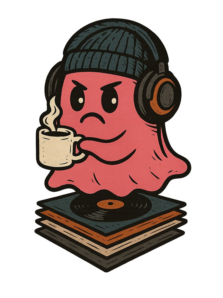 Coffee & Vinyl Ghost T-Shirt | Chill Ghost with Coffee and Records Tee, Retro Music Lover Vibes, Cute Minimal Aesthetic by Vendeloc