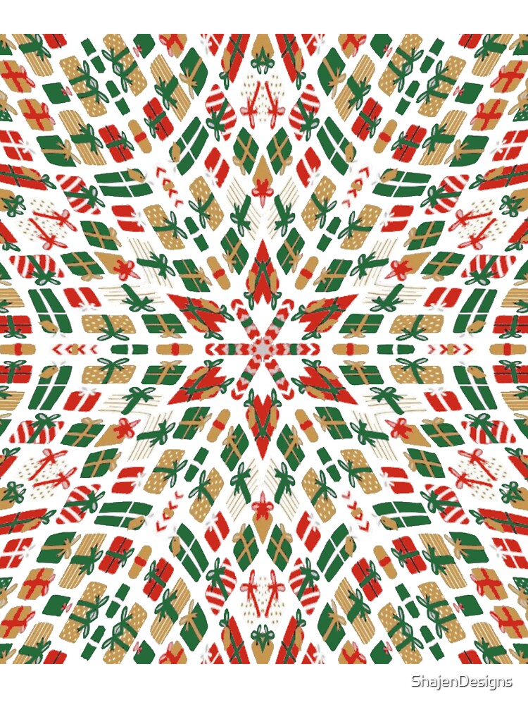 Retro Christmas Kaleidoscope with Red Green Gold Christmas Presents Gifts on Green Background by ShajenDesigns