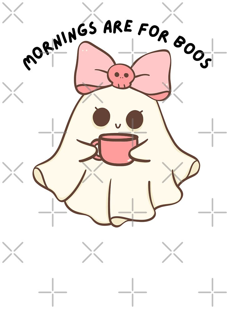 Cute ghost with a pink bow and a skull drinking coffee by mysummerland
