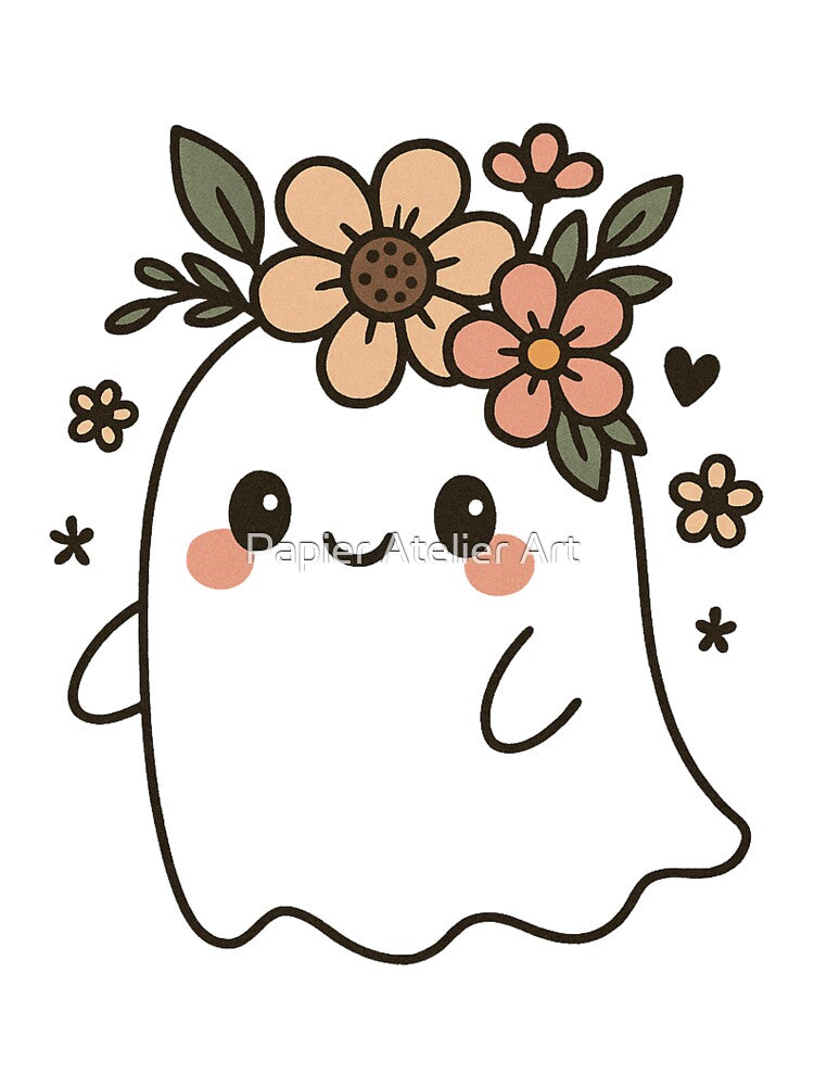 Cute Floral Ghost – Kawaii Halloween Illustration by Papier Atelier Art