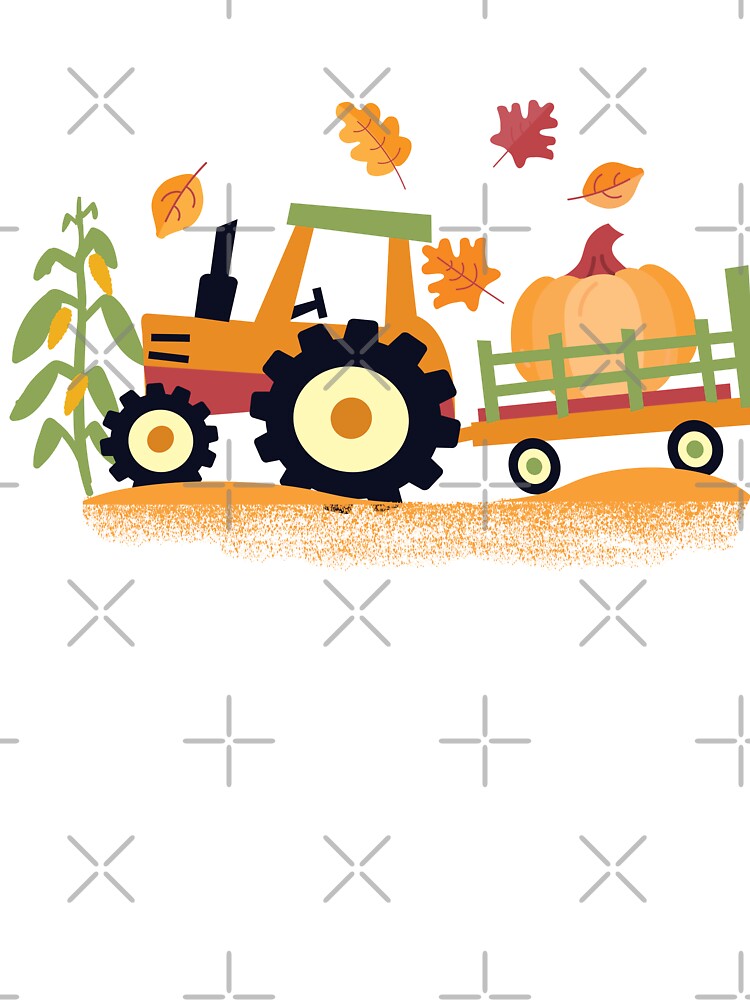 Cute Farm Tractor and Wagon with pumpkin, cornstalks and leaves by Jdawnink
