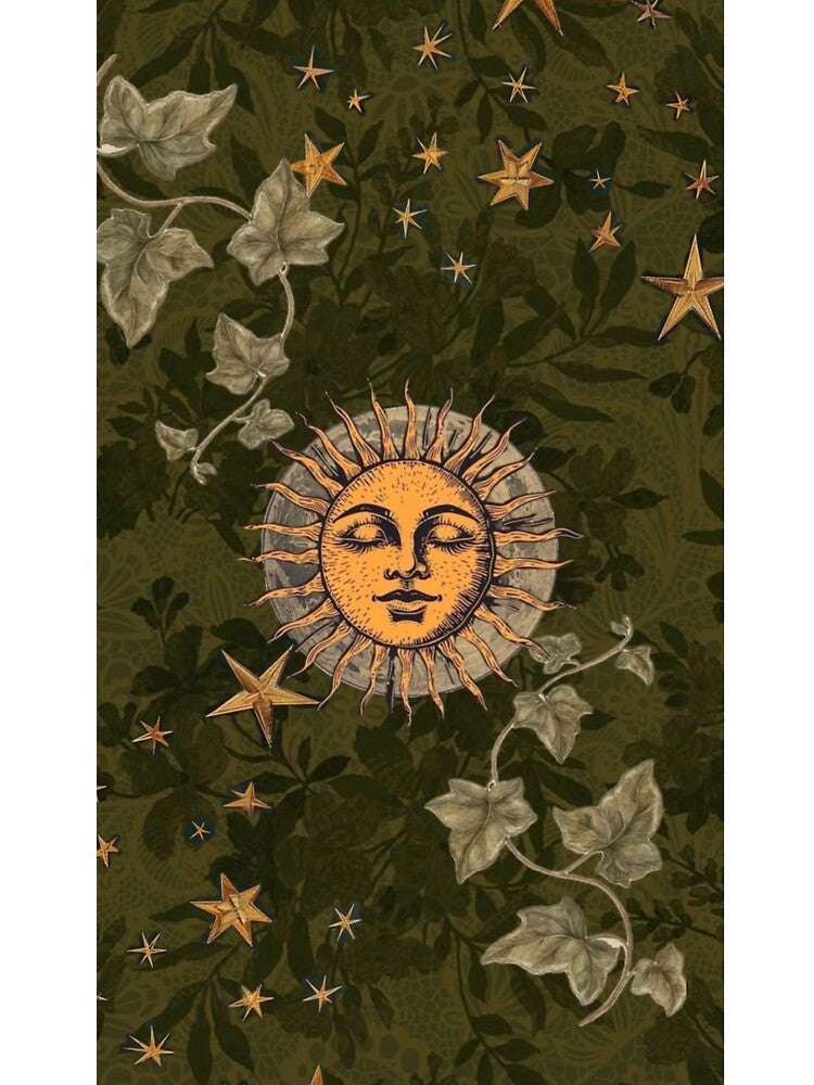 90s Whimsigoth Celestial Sun & Stars | Moody Olive Green Botanical Aesthetic by BrontesWhimsyStore