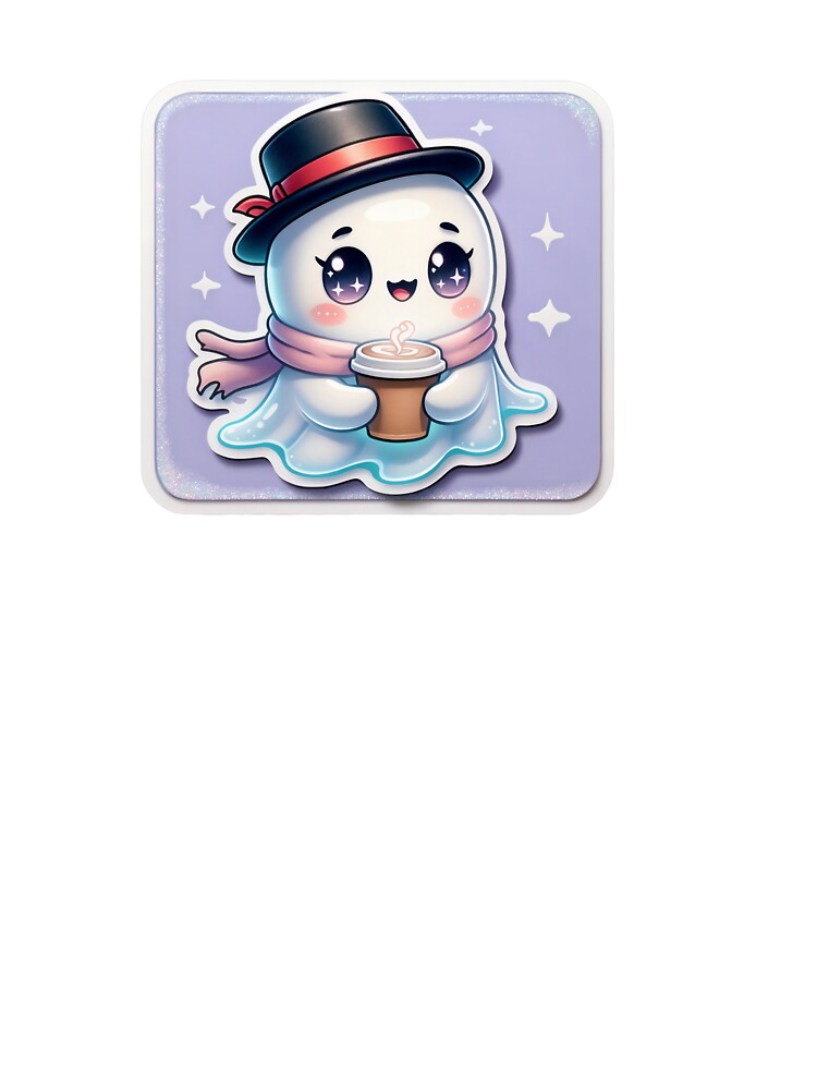 Kawaii Ghost with Top Hat and Coffee by Wonderful World of Whimsy