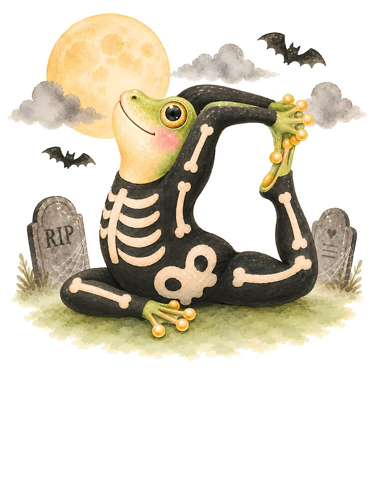 Halloween Yoga Tree Frog in King Pigeon Pose – Cute Skeleton Costume by YogiAnimalArt