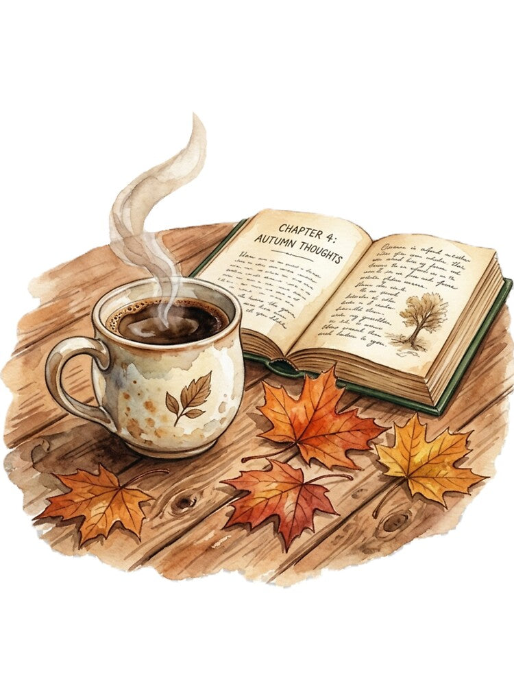 Cozy Autumn Reading Nook Steamy Coffee Open Book by Artemis & Woven Collective