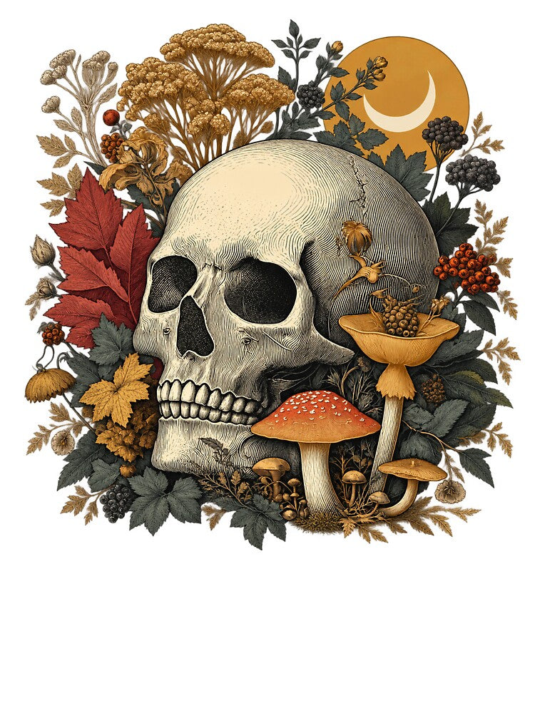 Gothic Botanical Skull and Mushroom Crest by kobsana