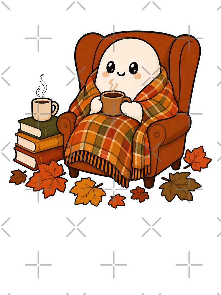 Cozy Ghost with Coffee - Kawaii Autumn Reading Nook by VibePrintsHub