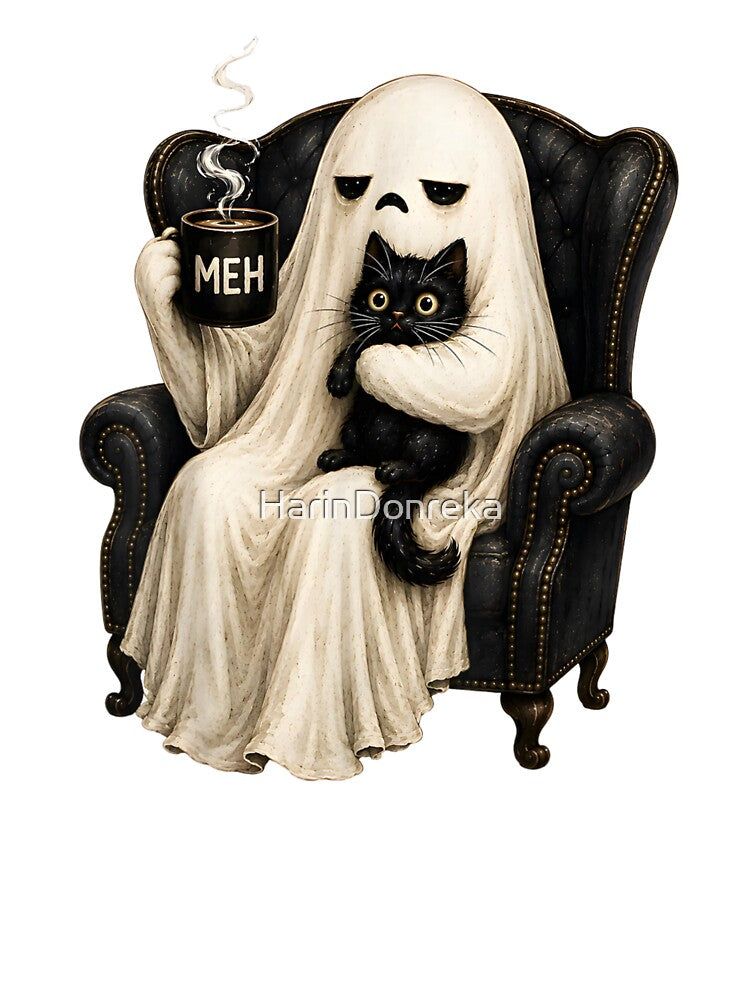 Moody Ghost Holding Black Cat Coffee Cozy Halloween Autumn Morning Vibes by HarinDonreka
