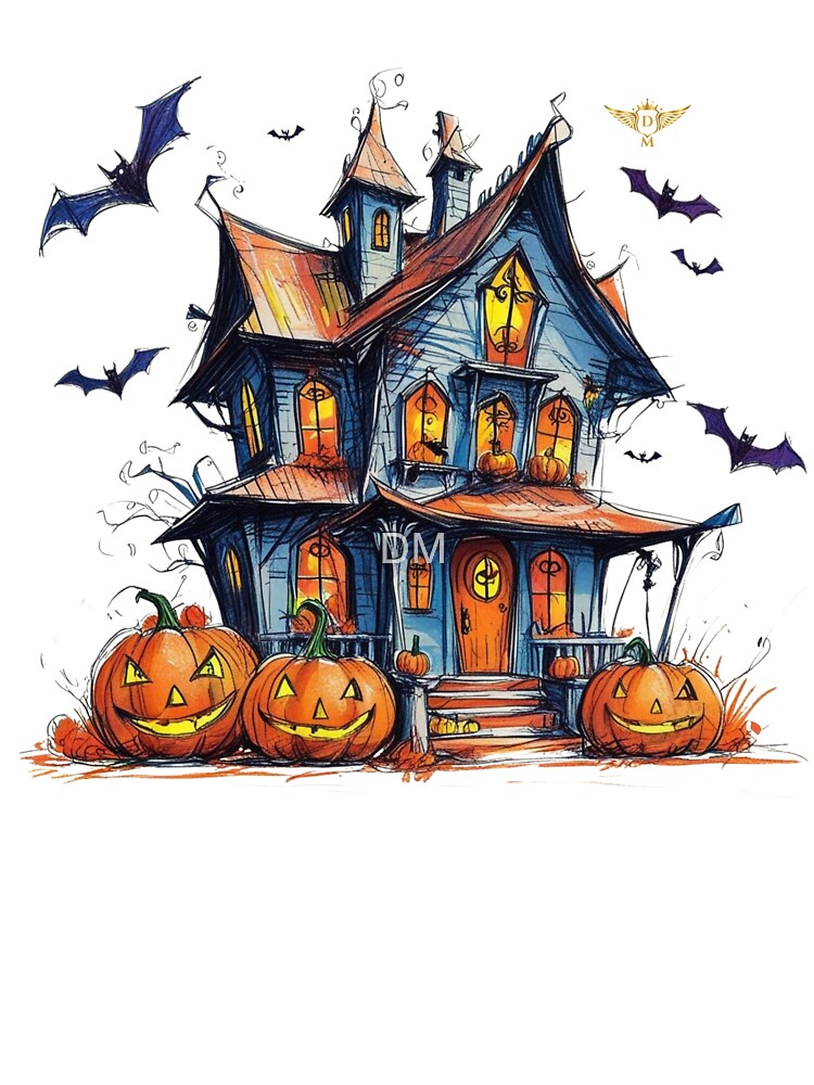 Haunted House with Bats and Pumpkins Halloween Night by DM