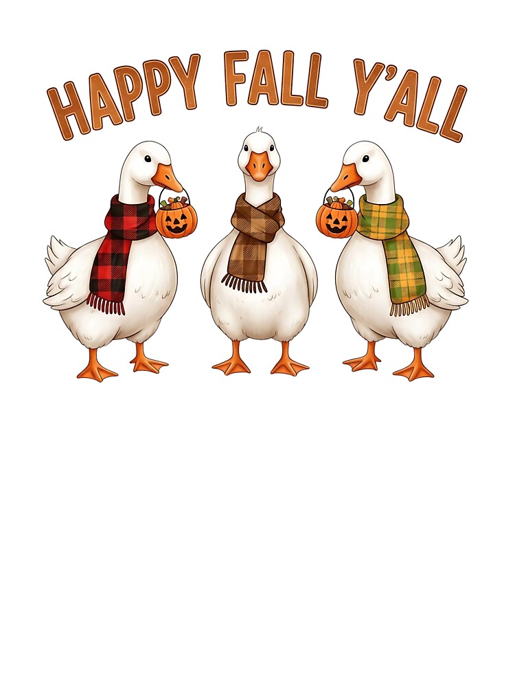 Happy Fall Y’all Cute Geese Halloween T-Shirt – Autumn Flannel Scarves Candy Buckets Watercolor Design by CoconutCoastDesigns