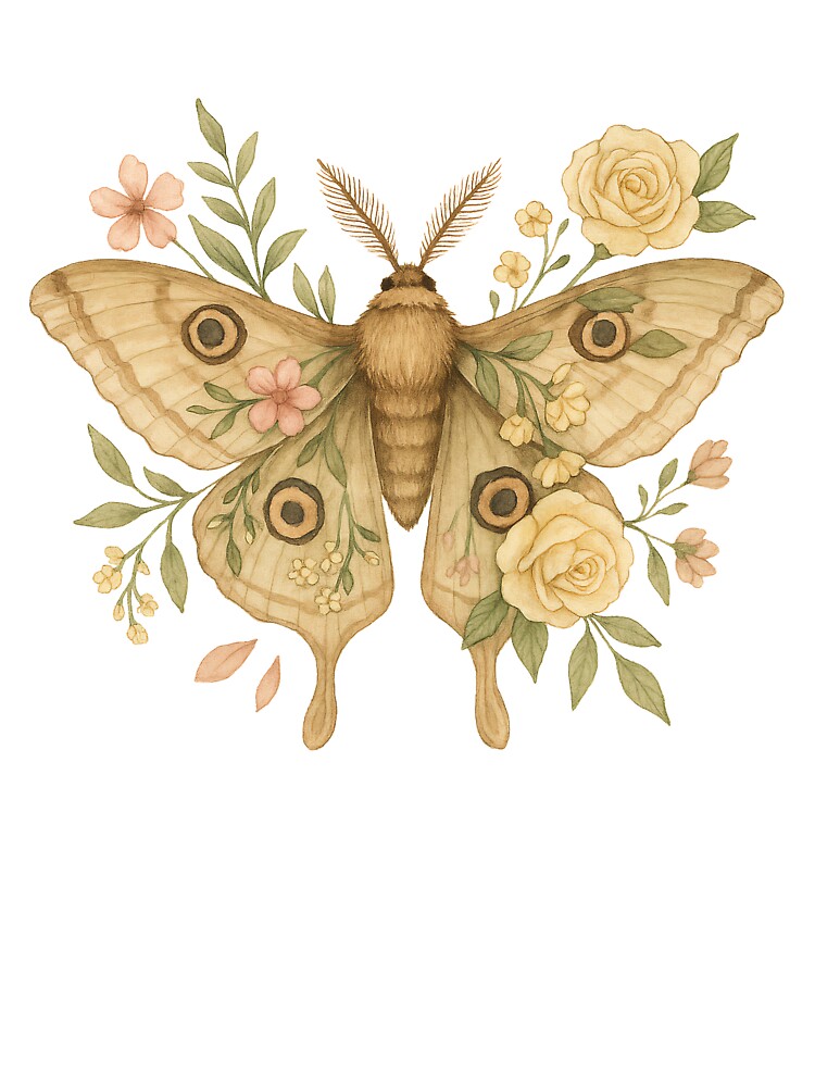 Vintage Floral Moth – Golden Wings with Roses and Blossoms by Zee's Whimsical Wonders