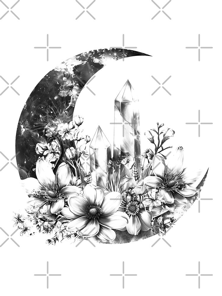 Crystal Moon Garden – Floral Crescent Moon with Quartz (Black & White) by inkoutninja