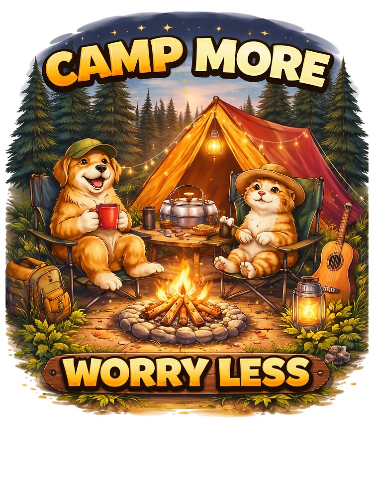 Camp More Worry Less Cute Dog and Cat Camping Design. by The-T-In-Retro