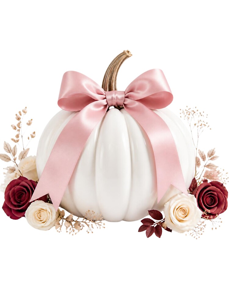 White Pumpkin with Pink Bow and Burgundy Roses - Elegant Fall Design by VaneDesings
