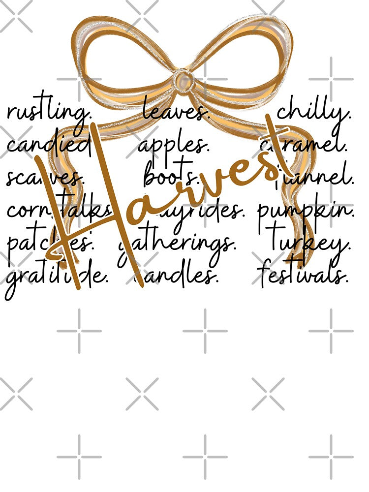 Harvest Word Art – Minimal Fall Design with Autumn Keywords and Gold Ribbon Bow by baucestudio