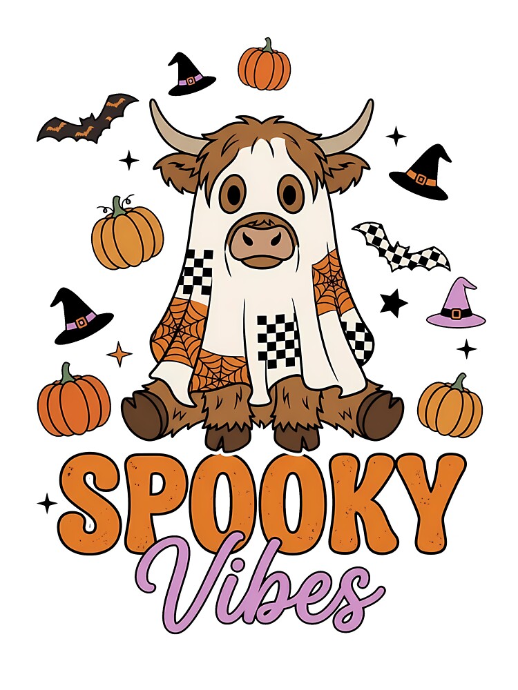 Spooky Vibes Cute Ghost Highland Cow Halloween by KroghDs
