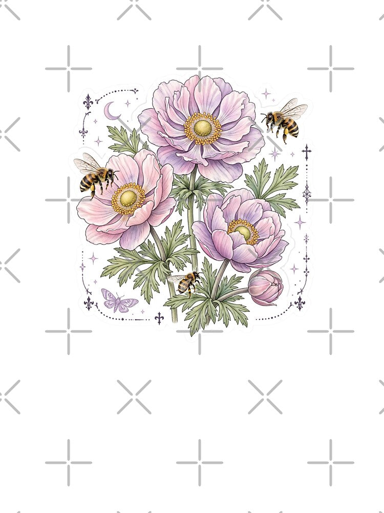 Pastel Goth Anemone Bees Dark Floral Sticker by RareBotanical