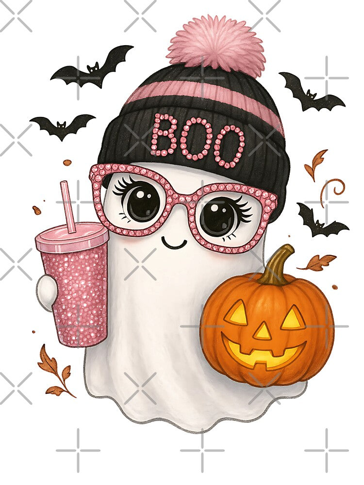 Girly Ghost with Pink Glasses and Pumpkin – Cute Spooky Season Halloween Aesthetic by Sixtinebzh