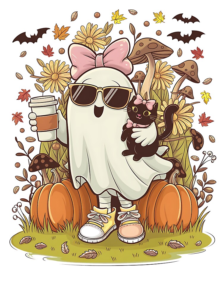 Cool Ghost Girl with Coffee and Cat Halloween by TalalosART