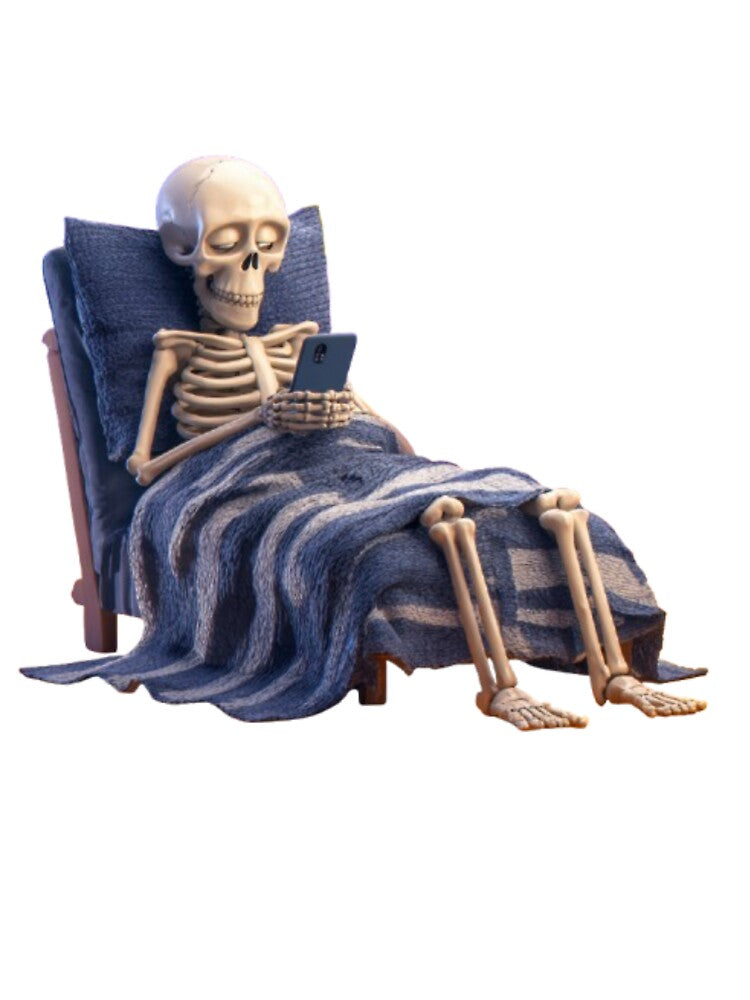 Bone Tired | Funny Skeleton with Phone Halloween T-Shirt by AlexLineArt
