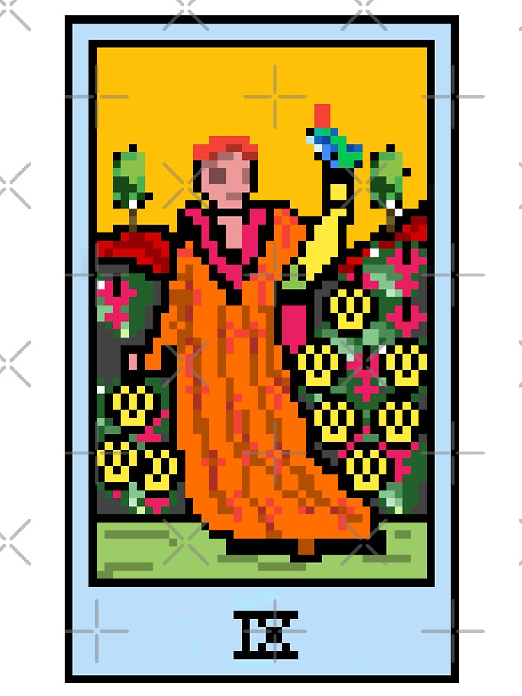 Wait, is this pixel art tarot? White - Minor Arcana 'Nine of Pentacles' (Design for T-shirt, stickers and other accessories) by Pixel Waite