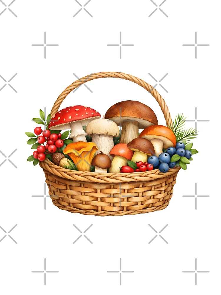 Watercolor Autumn Basket with Mushrooms and Berries by silviaol