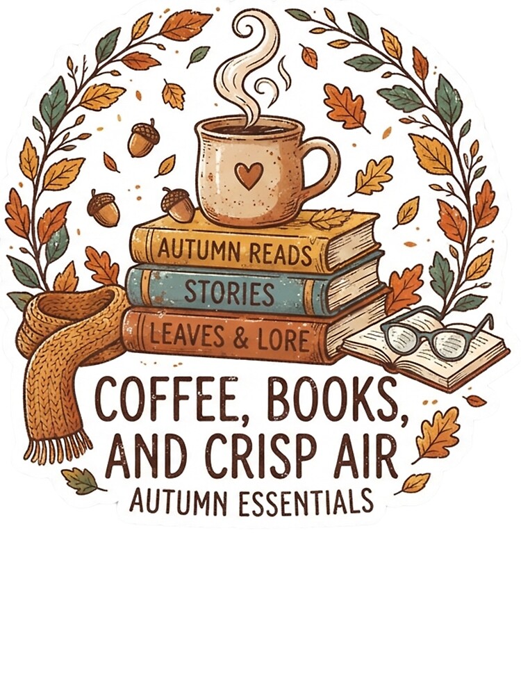 "Coffee, Books, and Crisp Air" Autumn Essentials Sticker Design – Cozy Reading Aesthetic by CreativeNest Prints